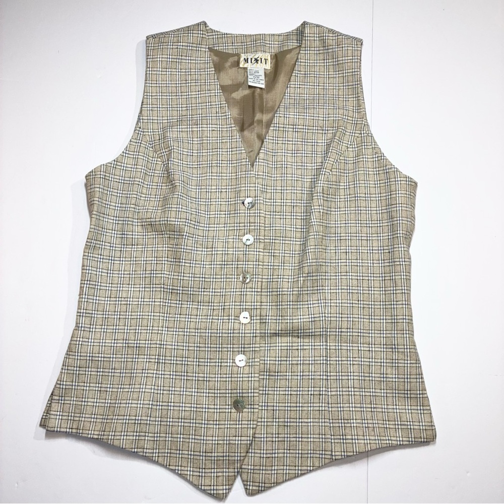 Mix It Plaid Linen Blend Vest Jrs 11/12 Button Front Beige Cream Blue Vintage